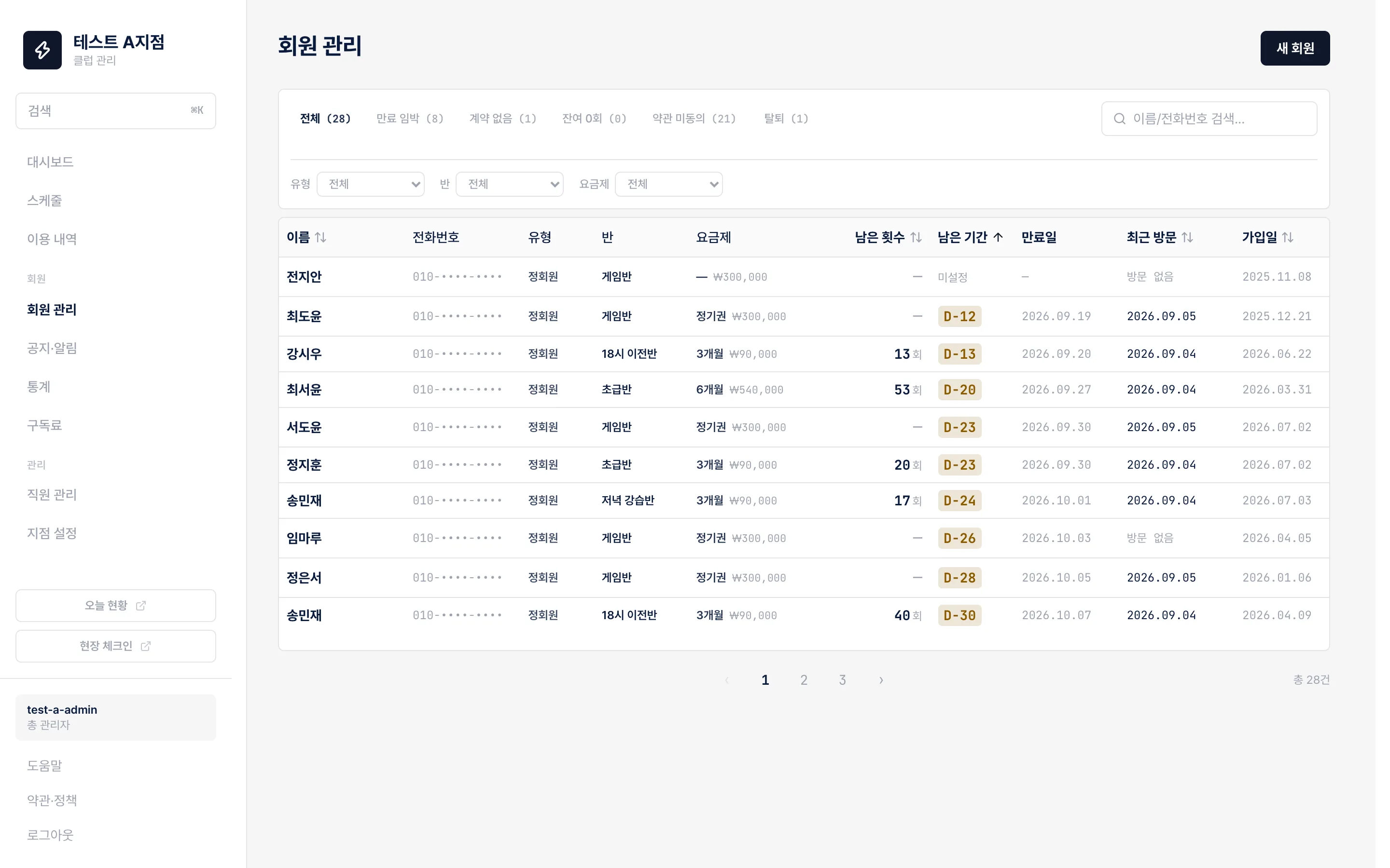회원 관리 화면 — 이용권, 남은 횟수와 기간